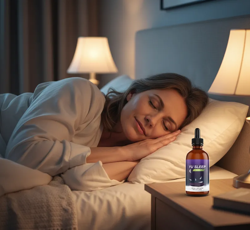 Yu Sleep liquid sleep supplement bottle on bedside table